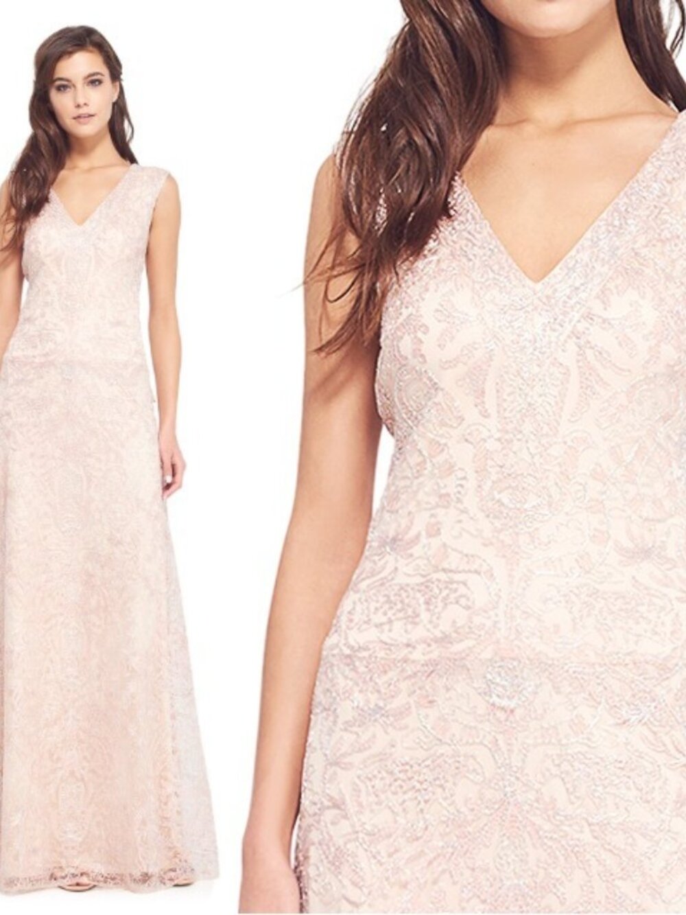 NWT Tadashi Shoji Embroidered Dress Gown Petal silver Size 4
